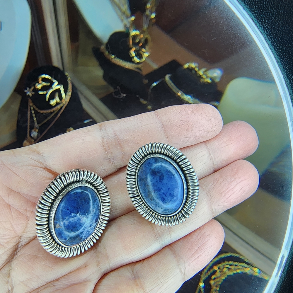 925 Silver and Blue Oval Earrings SODALITE STONE